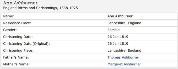 Baptism Entry - Ashburner, Ann Baptism Entry - Ashburner, Ann