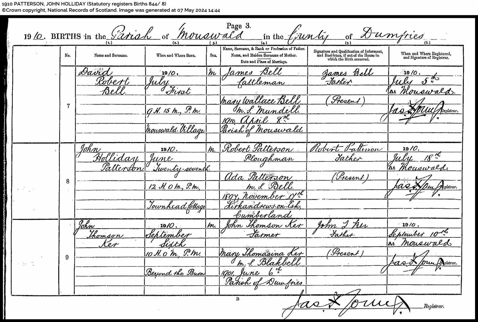 Birth Cert - Patterson, John Holliday